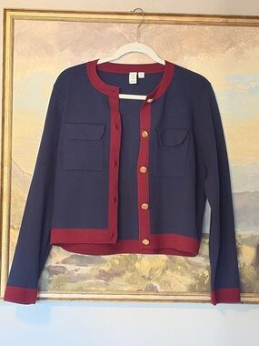 Navy and Burgundy Women's Knit Cardigan Sweater